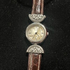 Geneva Women's Silver Tone Filigree and Brown Croc Leather Watch